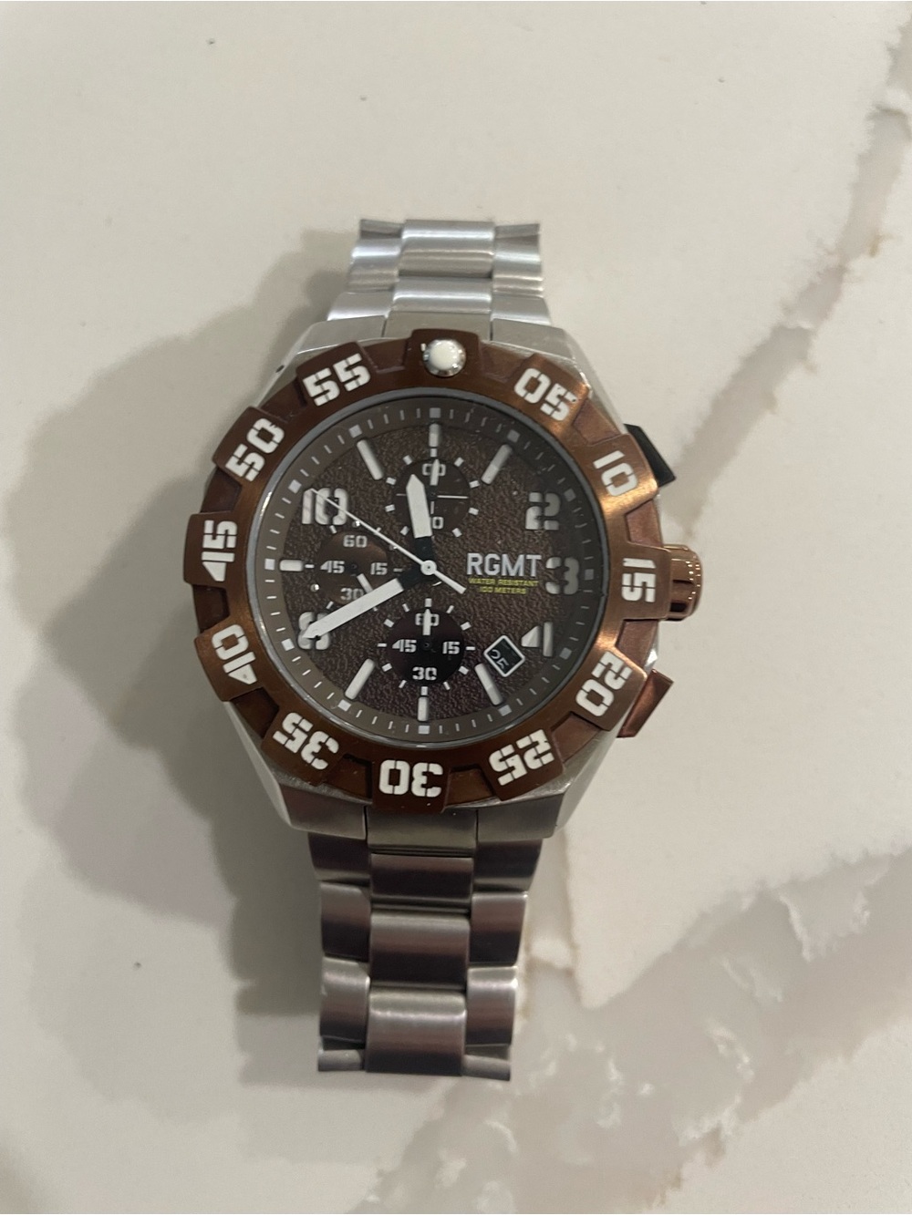 RGMT Men's Chronograph Watch - Brown Bezel, Silver Bracelet